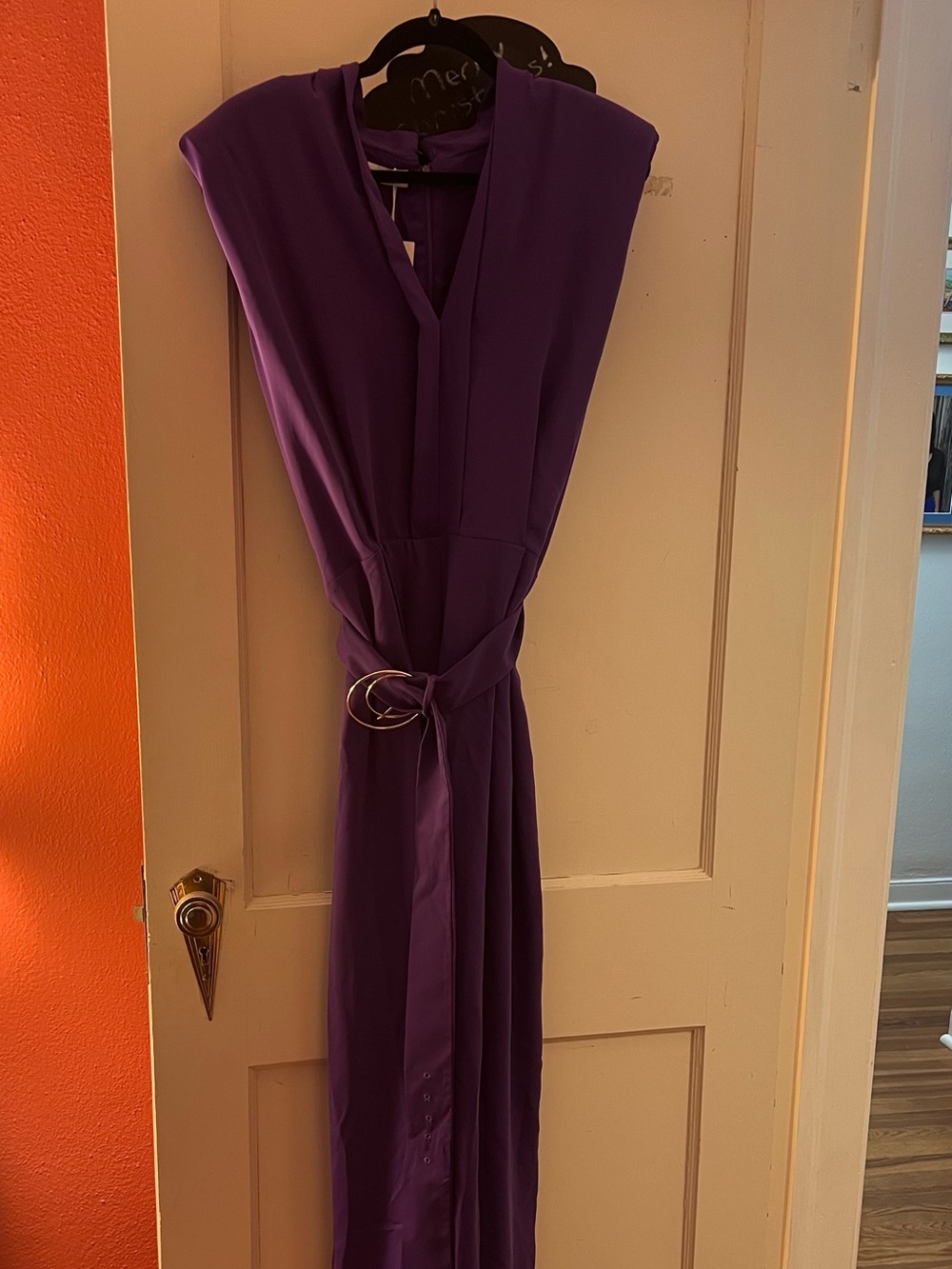 Mango Purple Sleeveless V-Neck Jumpsuit with Self-Tie Belt